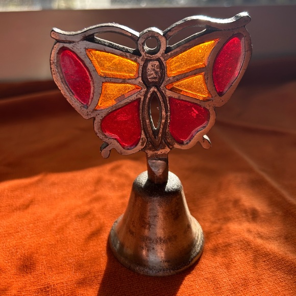 Vintage Cast Iron Stained Glass Butterfly Bell Hand Bell Dinner Bell - Picture 3 of 5